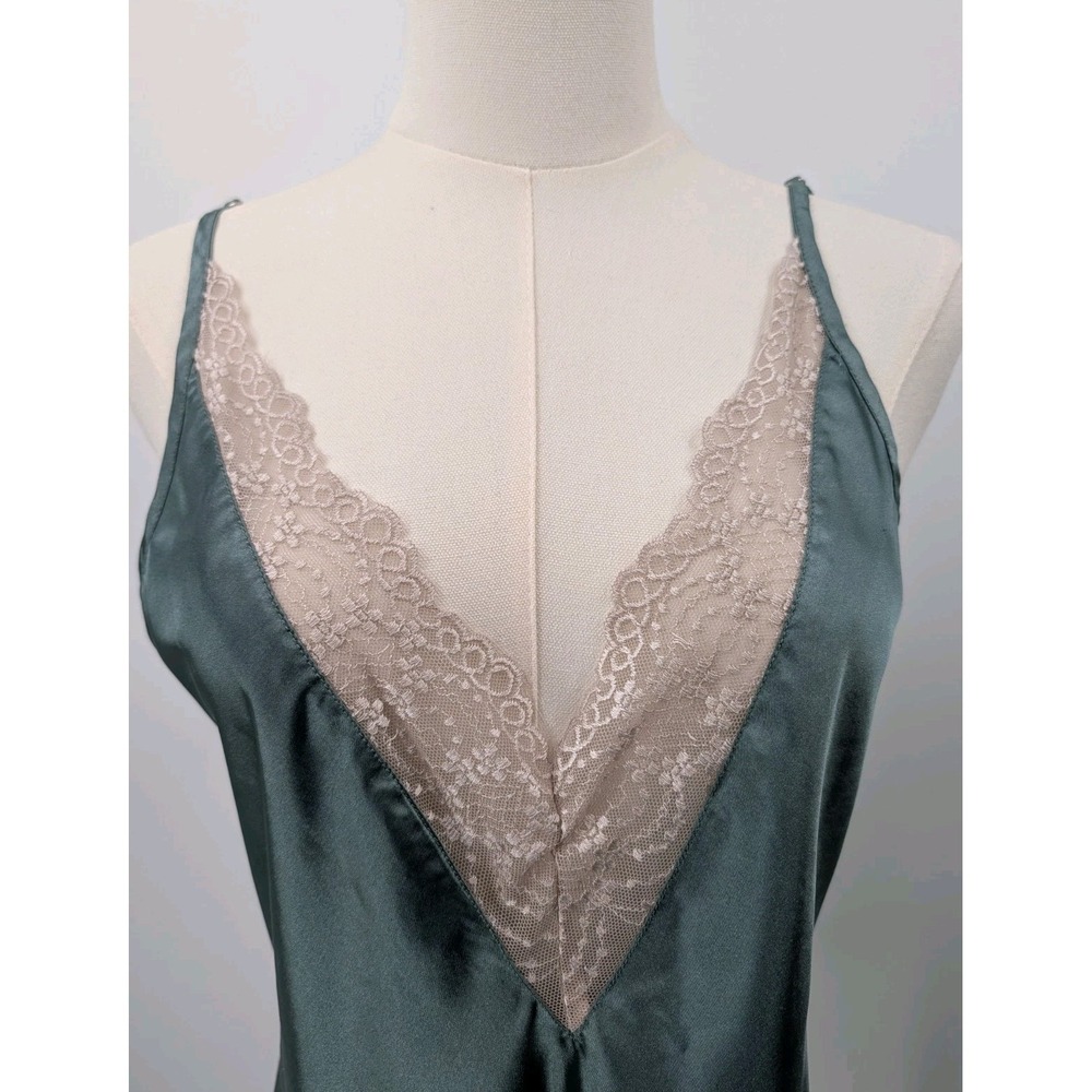 Green Satin & Cream Lace Mini Dress Size M Deep V Neck Slip Sleepwear Romantic - Picture 2 of 9